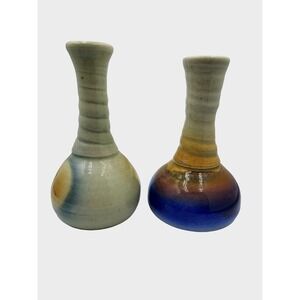 Pair of 2 Art Pottery Bud Vases Glazed Artist Signed Stamped 6" Cobalt Blue Hues